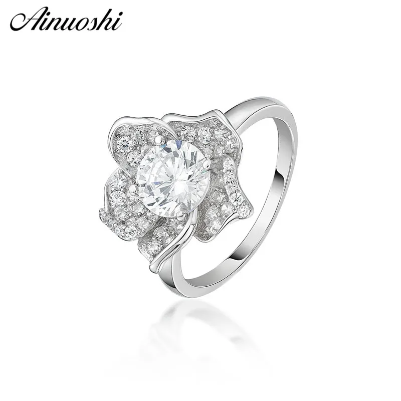

AINUOSHI 925 Sterling Silver Flower Rings Women Anniversary Party Original Silver 1ct Round Rings Jewelry anillos de animales