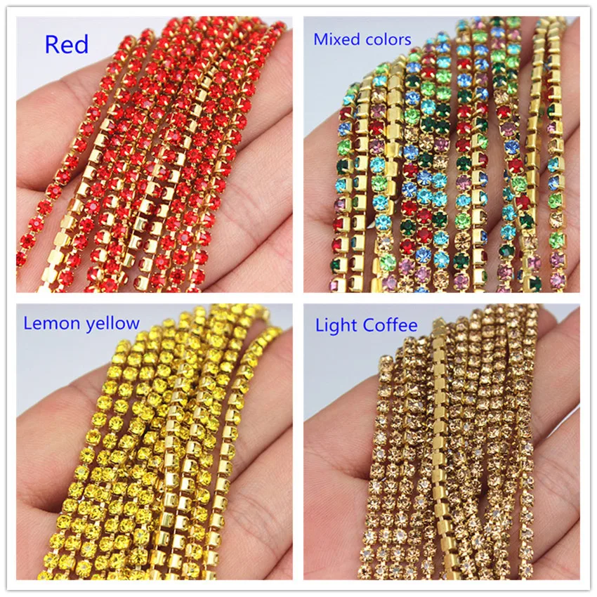 2mm 2.5mm 2.8mm 3mm 2Yard Colorful Sew on Crystal Rhinestone Cup Chain Gold Based Claw for Party Dinner Dress Accessories 8Y1200