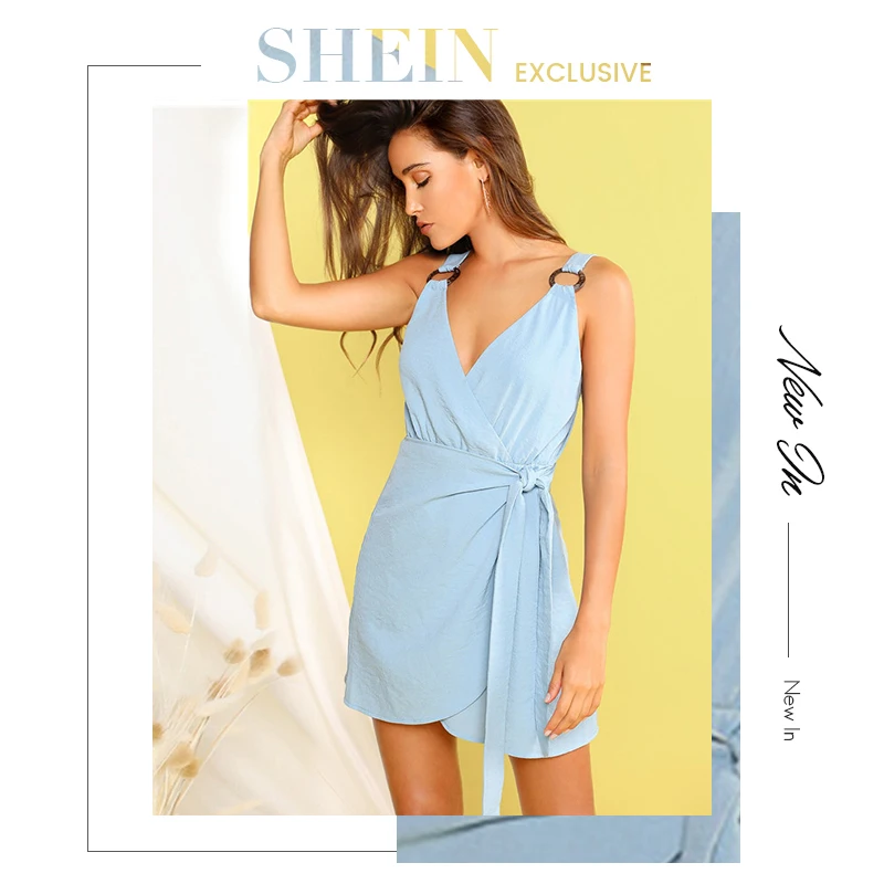 SHEIN, Пастельное, синее, с замочной скважиной на спине, с кольцом, с узлом, летнее платье, женское, v-образный вырез, высокая талия, Повседневное платье, тонкое, с поясом, мини платье