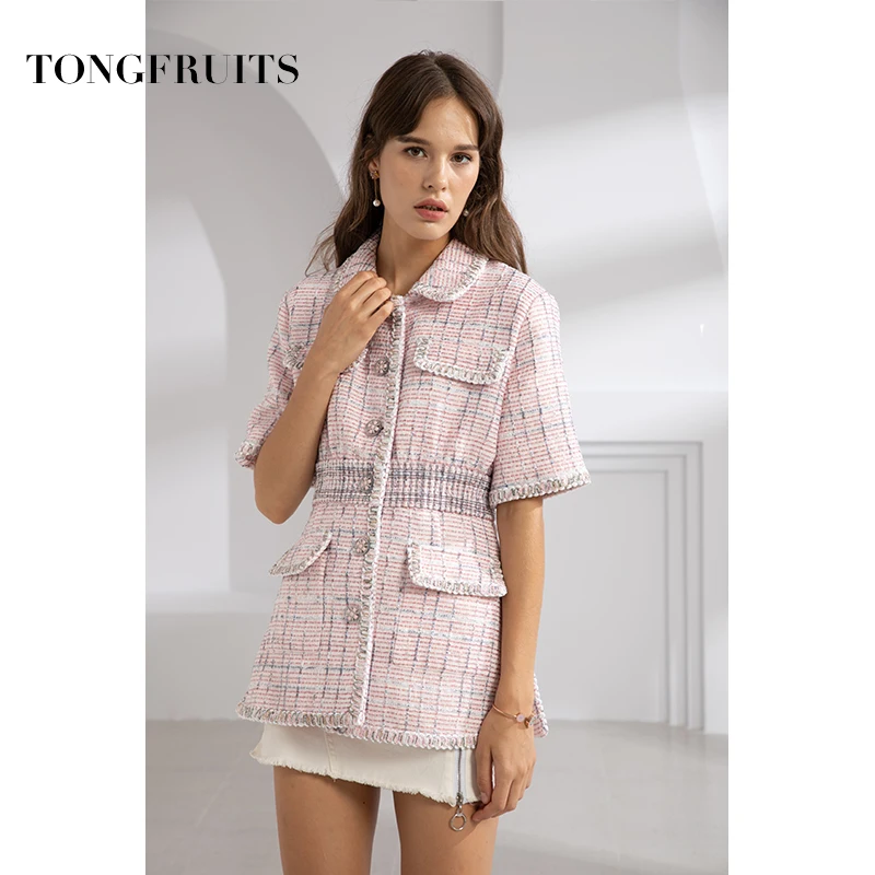 2019 New Fashion Turn-down Collar High Waist Woven Fabric High Street Jacket Women Pink Slim Jacket Coat Outerwear High Quality