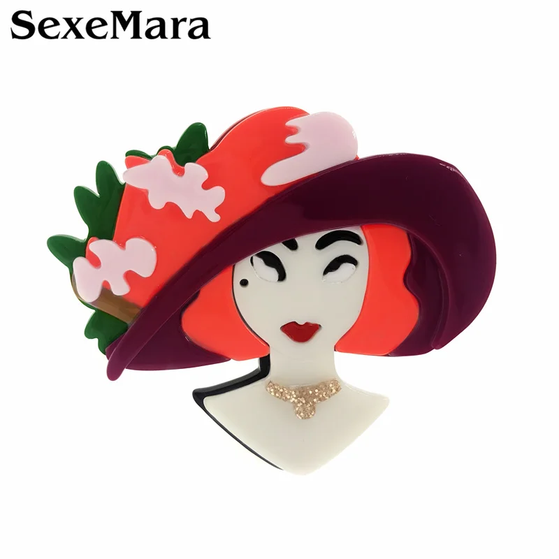 SexeMara New Fashion Lady With Big Hat Flower Brooch Badge For Women