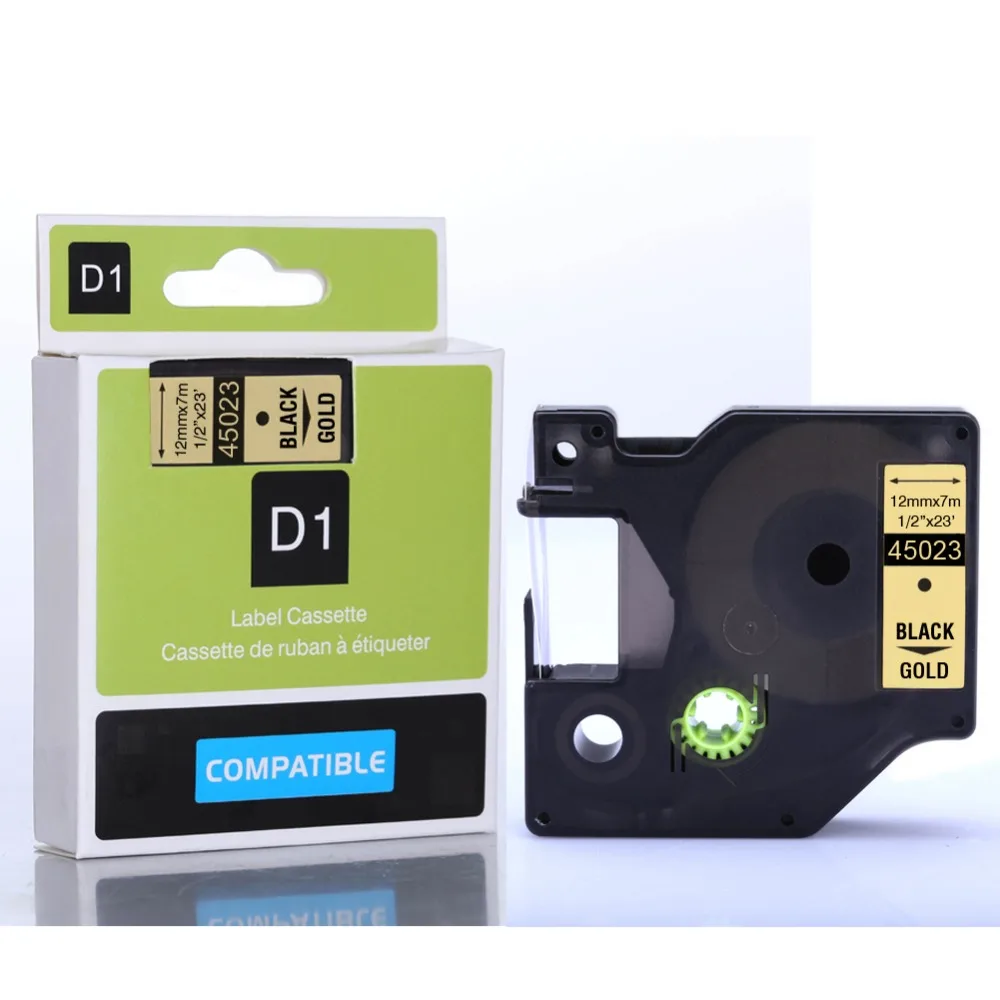 40 шт./лот Лидер продаж 12 мм черный на золото 45023 DYMO D1 этикетка Кассета для LabelManager