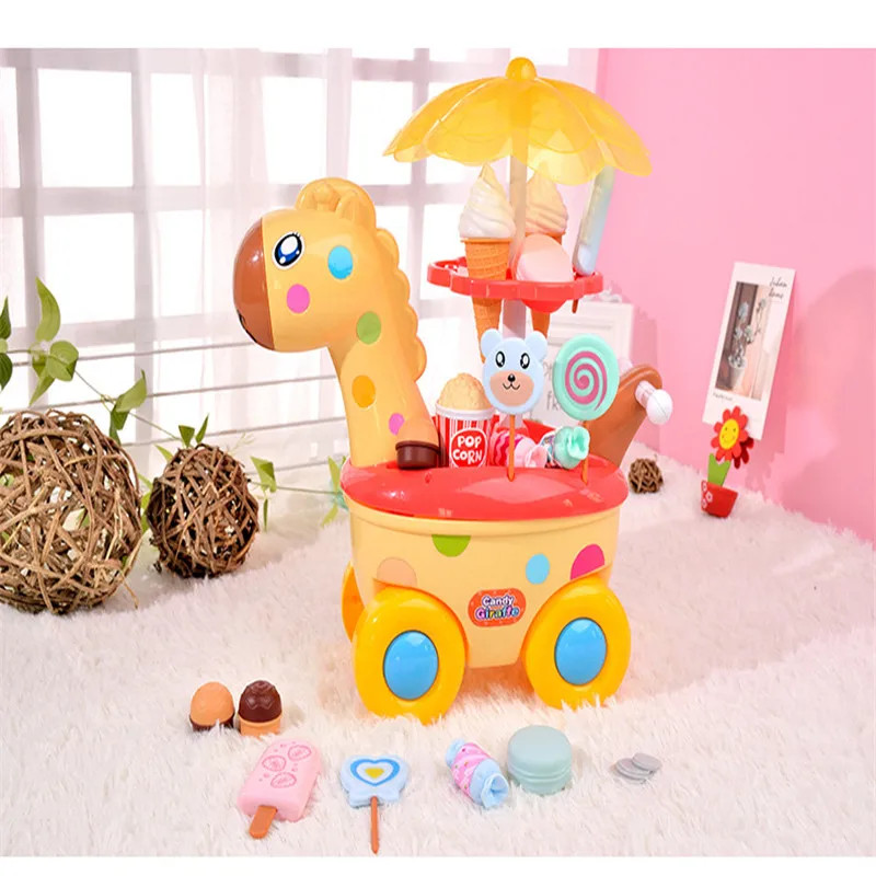 

Mini Trolley Girl Candy Cart Cute Giraffe Ice Cream Shop Smooth Children Play House With Lights Music Storage Baby Education