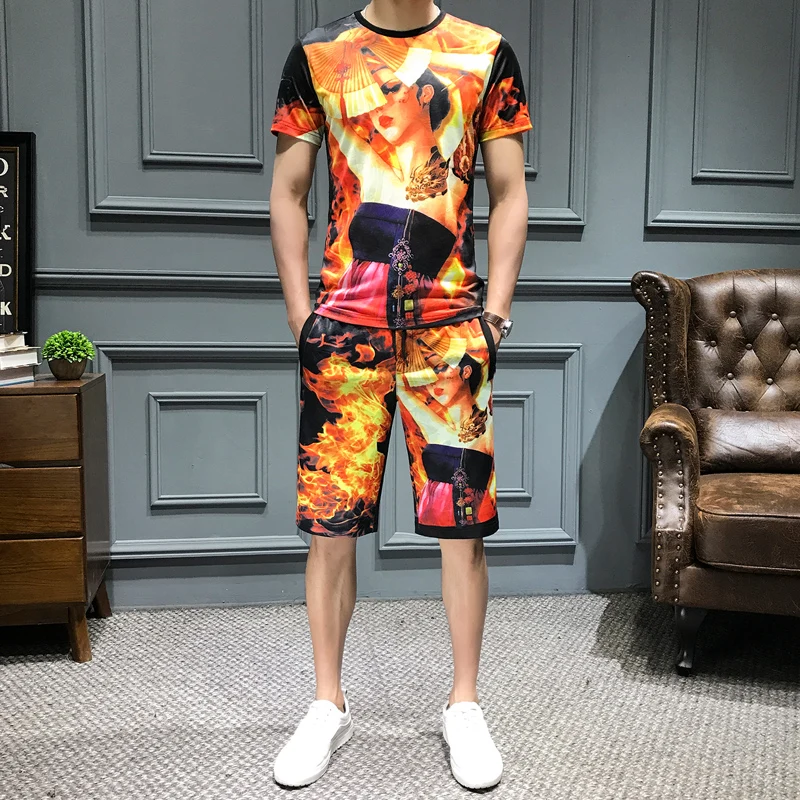 

Loldeal T-shirt + Shorts Men's Beauty Pattern Print Summer Casual Slim O-neck Short-sleeved Shirt T-shirt