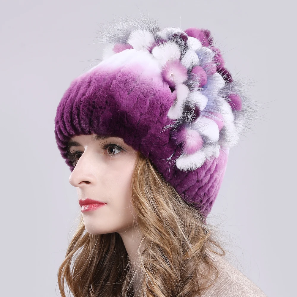 Comprar Rusia mujer piel de conejo Rex auténtica sombreros al aire libre elástico tejido 100% piel auténtica de conejo Rex gorra invierno cálido piel Real gorros