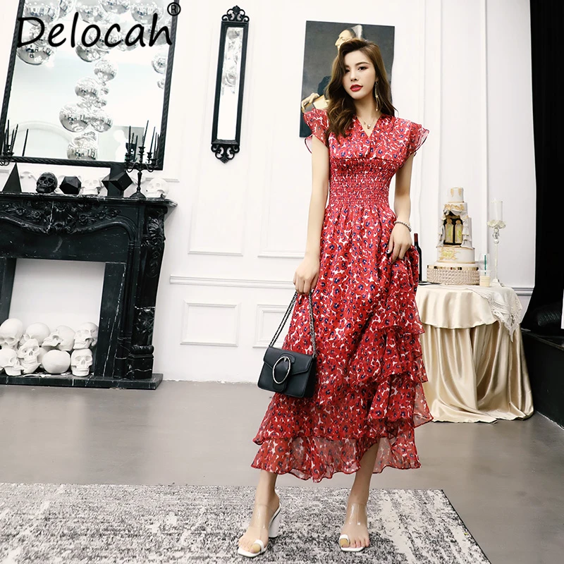 

Delocah New Women Summer Dress Runway Fashion Batwing Sleeve Floral Printed Elastic Waist Elegant Casual Cupcake Long Dresses