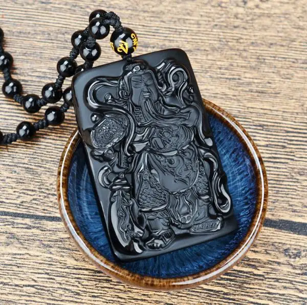 Black Obsidian Hand Carved Guan Yu Figurine,Sculpture of the Guan Yu Carving,Black Obsidian Crystal,Decor,Reiki,Necklace,Pendant