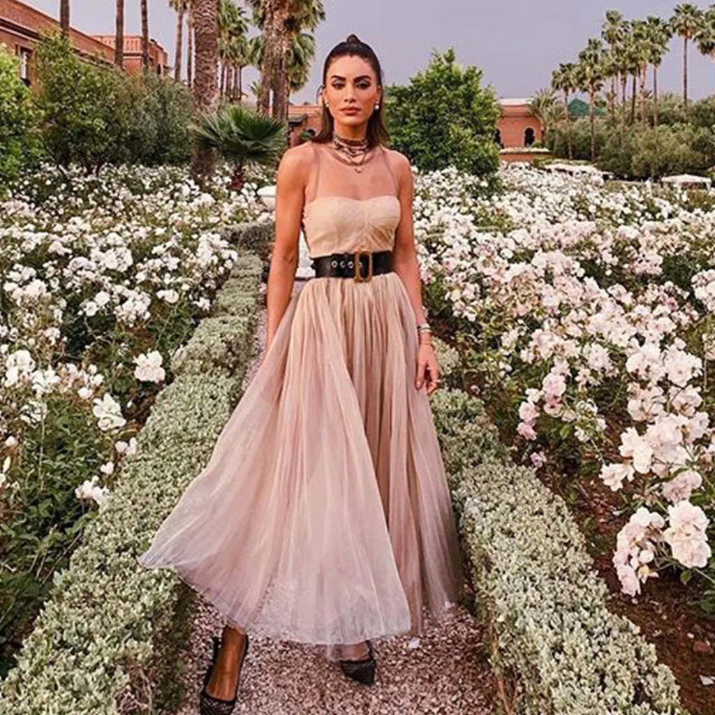 

Fashsiualy evening party dresses Women O-neck Sleeveless Sundress High Waist Mesh Long Dress Tulle pleated Soild dress vestidos