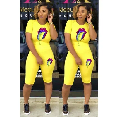 Новинка, женский летний облегающий топ с круглым вырезом и коротким рукавом, облегающий Топ до колен, штаны, костюм из двух предметов, спортивный костюм LM8056 - Цвет: Цвет: желтый