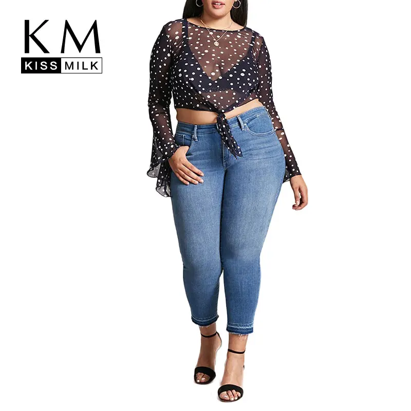 

Kissmilk Plus Size Wave Point Blouse Black Polka Dot O Neck Flare Sleeve Sexy Club Vintage Perspective Tops Autumn New Tops