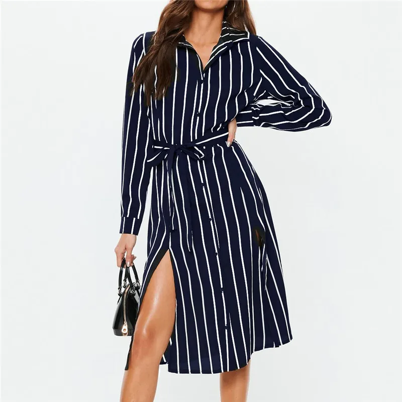 

2019 Summer Dress Women Office Lady Striped Turn-Down Collar Sexy Dresses Elegant Vintage Sexy Beach Dress Long Sleeve Dresses