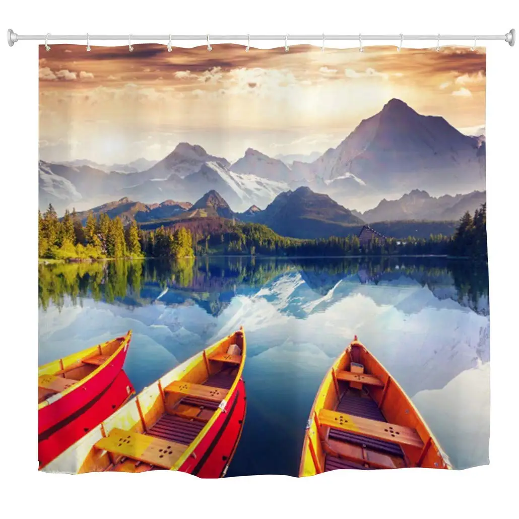 Mountain Shower Curtain Mountain Lake Boat Nature Print Waterproof Mildew Resistant Polyester