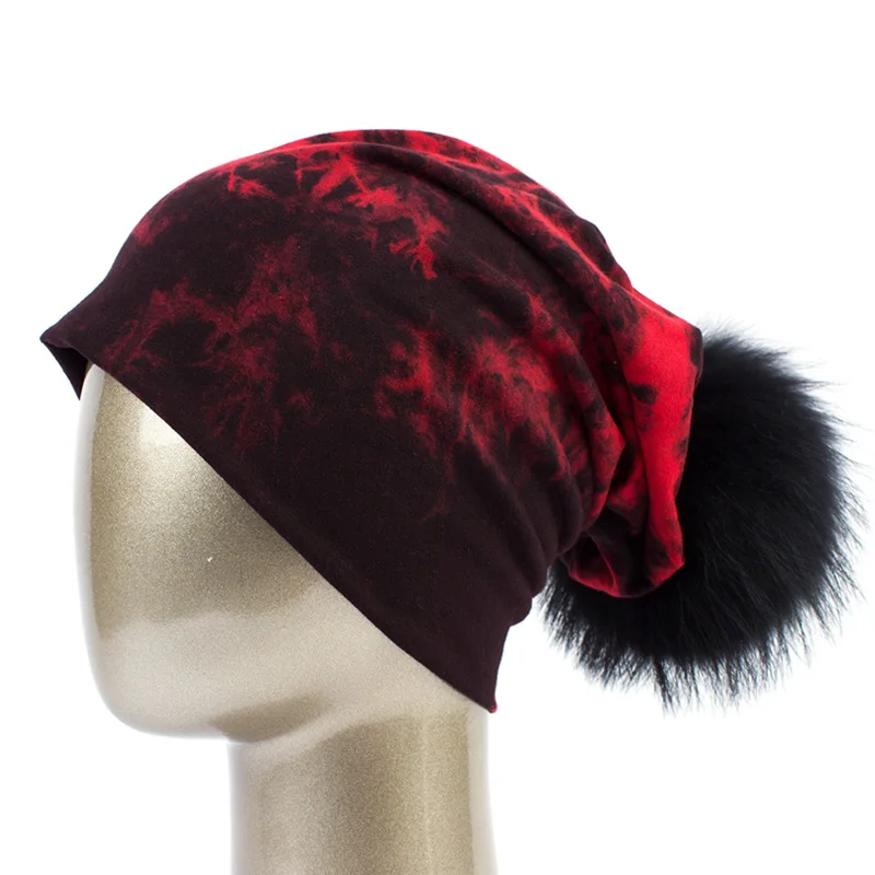 Geebro/женские шапки-бини с помпоном, весенние повседневные хлопковые шапки, женские шапки из меха енота, помпоны, шапочки DQ073A - Цвет: Red B