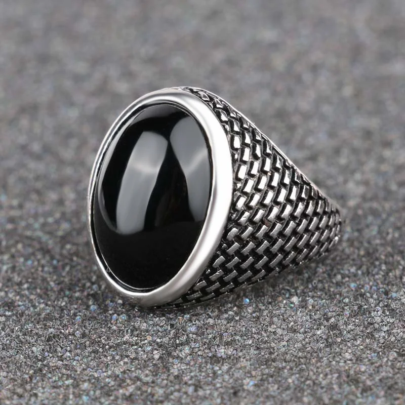 Kinel Luxury Vintage Men's Rings Punk Black Ring Silver Color Oval AAA Resin Turkey Jewelry 2017 New