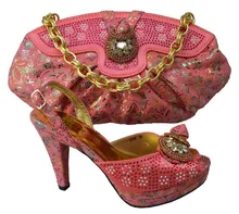 Fashion African Design Rhinestone High Heel Shoes And Handbag Sets New Woman Shoes And Bag Set For Party Pink Color GF36