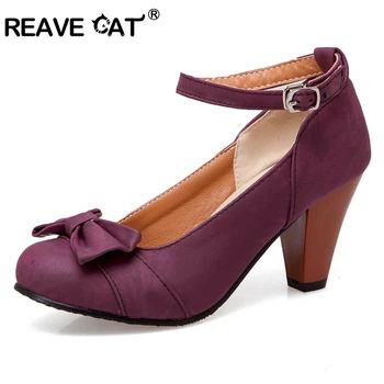 

REAVE CAT Shoes woman High heel Women's pumps Buckle Round toe Butterfly knot Spring summer Casual Female Big size 34-48 A1967