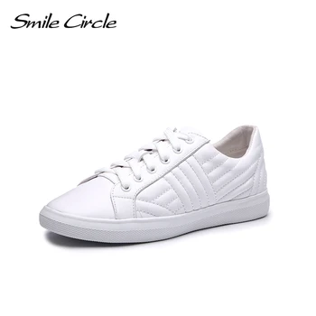 

Smile Circle Genuine Leather Sneakers Women Lace-up Flat Shoes Women White black Sneakers 2018 Spring autumn casual shoes