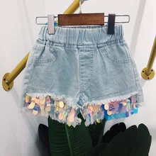 Летние модные джинсы для девочек детские джинсовые брюки детские повседневные штаны детские штаны цветной глиттер с блестками и кисточками от 3 до 9 лет