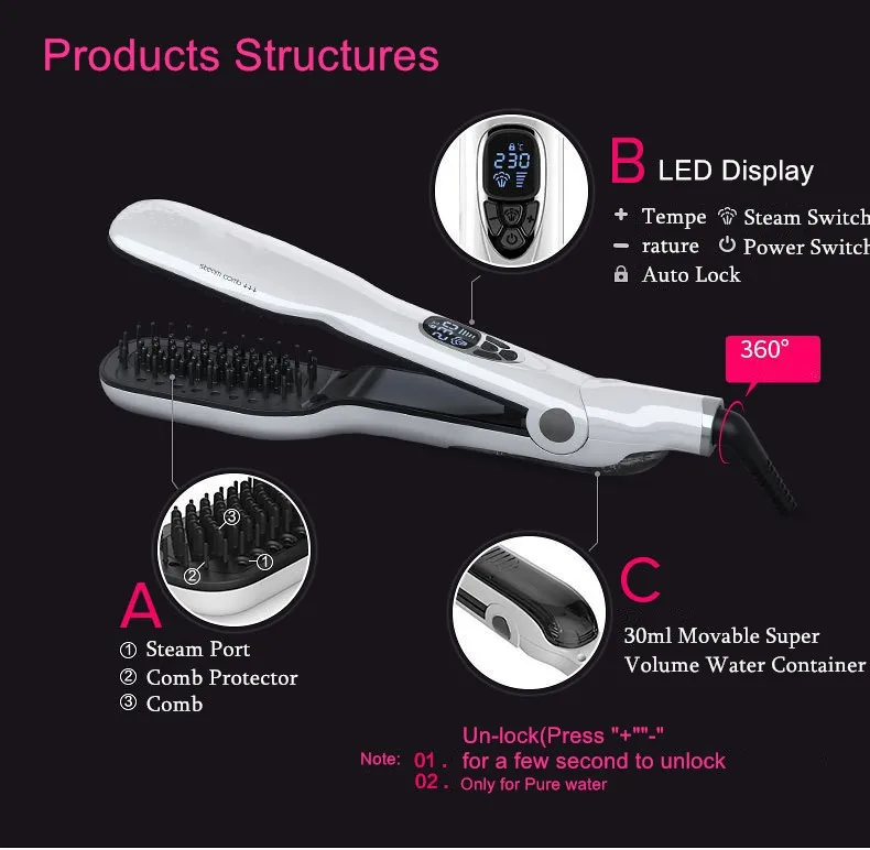 Горячая Европа Вилку Chapinha Profissional Hair Straightener Titanium 3D Массаж Гребень Водяного Пара Прямо Железа ЖК-Красный Черный Белый