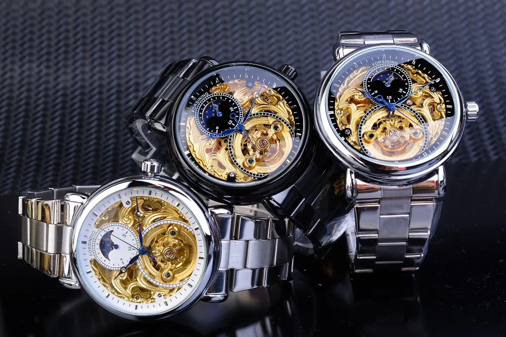 Forsining Мужские автоматические механические часы со скелетом, золотые винтажные часы с фазой Луны, стальные мужские наручные часы, лучший бренд класса люкс, Montre Homme