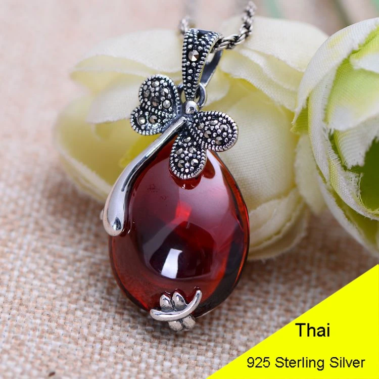 

925 Sterling Silver Retro Waterdrop Red Garnet Cute Small Dragonfly Pendant Women Thai Silver Fine Jewelry Gift CH036130