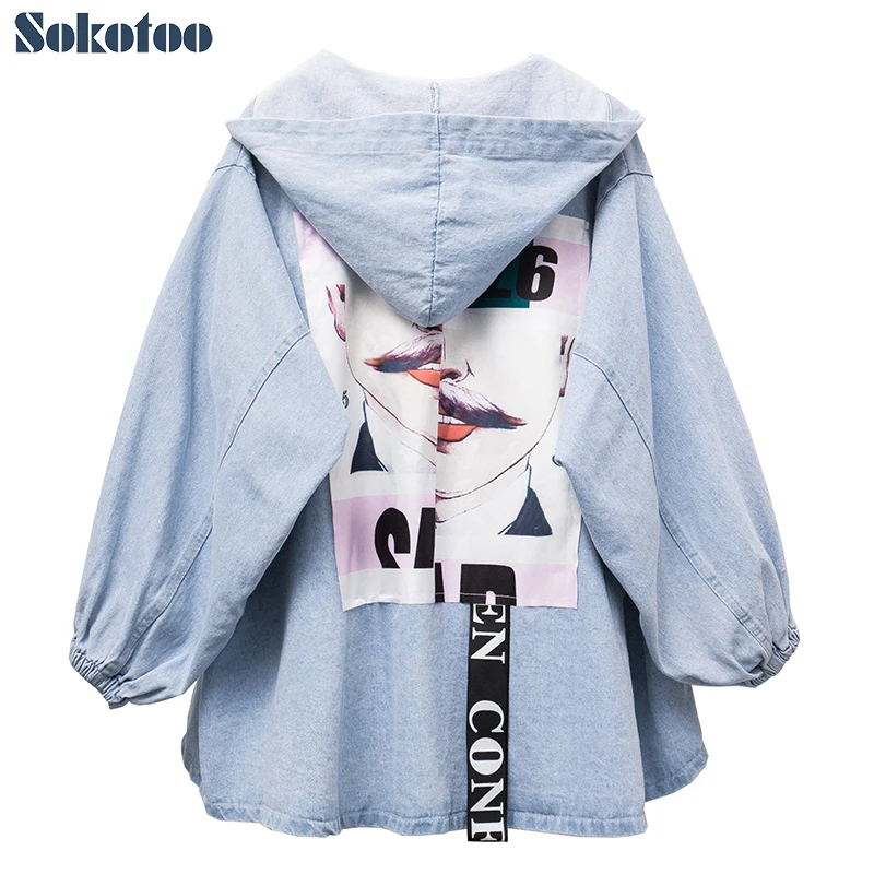 

Sokotoo Women's plus big size loose hooded jean hoodie Casual 3D pattern printed denim coat Trendy letters ribbons jacket