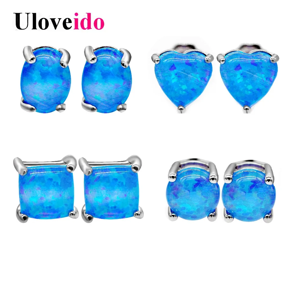 

Uloveido 4 Pairs Blue Fire Opal Earrings for Women Wedding Earings Set Jewelry Round/Oval/Rectangle/Heart Stud Earring Gift Y419