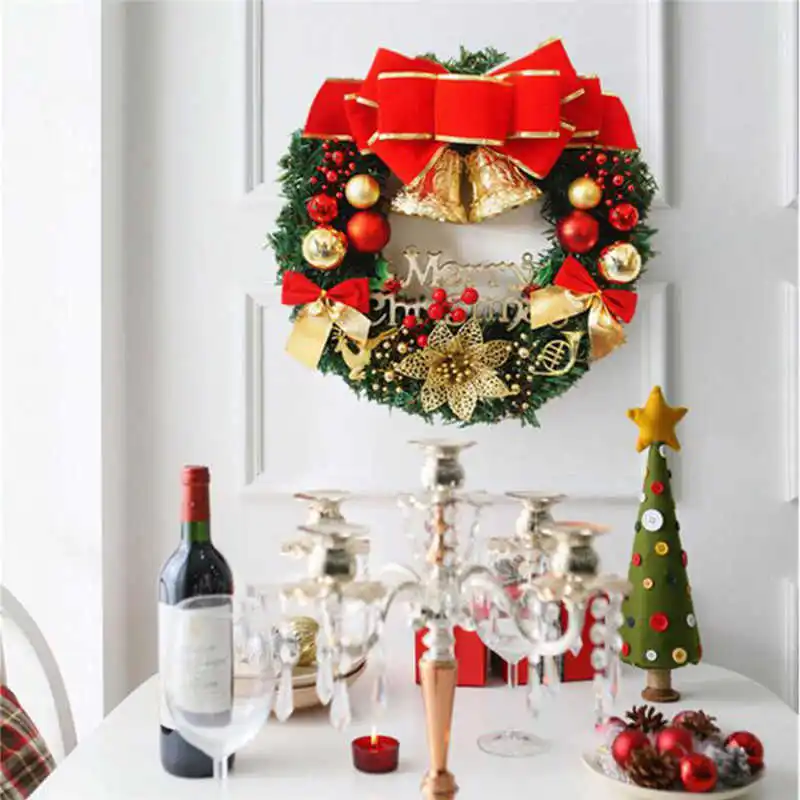 30cm Christmas Large Wreath Door Wall Ornament Garland Decoration Red Bowknot Christmas Wreath #2n15 (1)