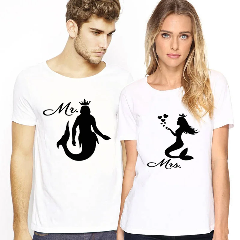 Couple T Shirt for Lovers Matching Clothes Mermaid Print Style White Black Tshirt Couple Short Sleeve Cotton T Shirts Plus Size