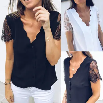 

Women Short Sleeve Loose Shirts 2019 New Fashion Ladies Summer Casual Lace Patchwork Blouse Sexy White/Black V-neck Tops Shirts