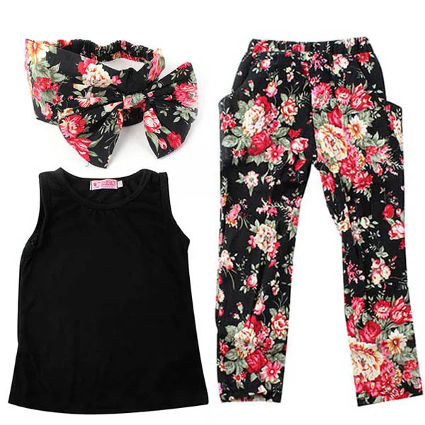 

Summer Baby Clothing Sets For Girls Sleeveless Clothes Shirt + Floral Pants + Headband 3PCS Girl Outfits
