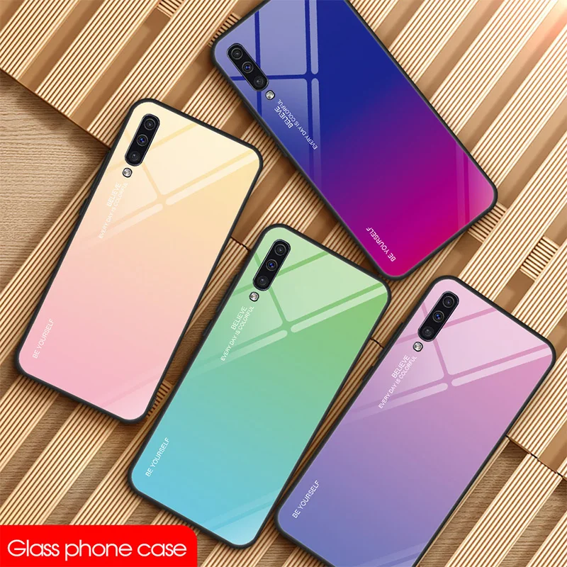 Цветной чехол из закаленного стекла для Samsung Galaxy A7 A8 A9 A6 Plus A5 глянцевый J8 J6 J4