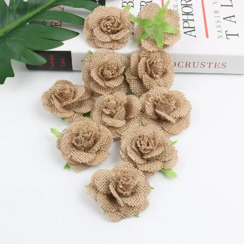 

5pcs Burlap Roses Hessian Jute Flower Rustic Vintage Rose For Christmas Wedding Party Embellishments Decoration