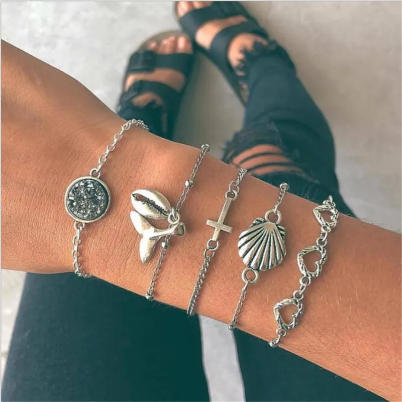 

5 Pcs/ Set Silver Fashion Bracelet Shell Fishtail Hollow Love Bangles For Women Wedding Beach Party Friends Gift Jewellery