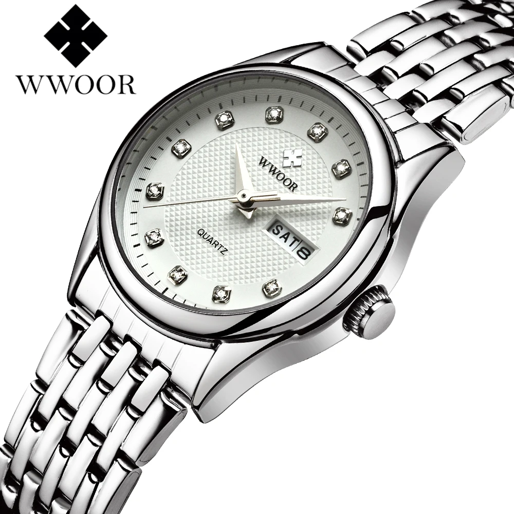 WWOOR Quartz Lady Wrist Watch Stainless Steel Band Brief White Pink Red Dial Women Watches Waterproof