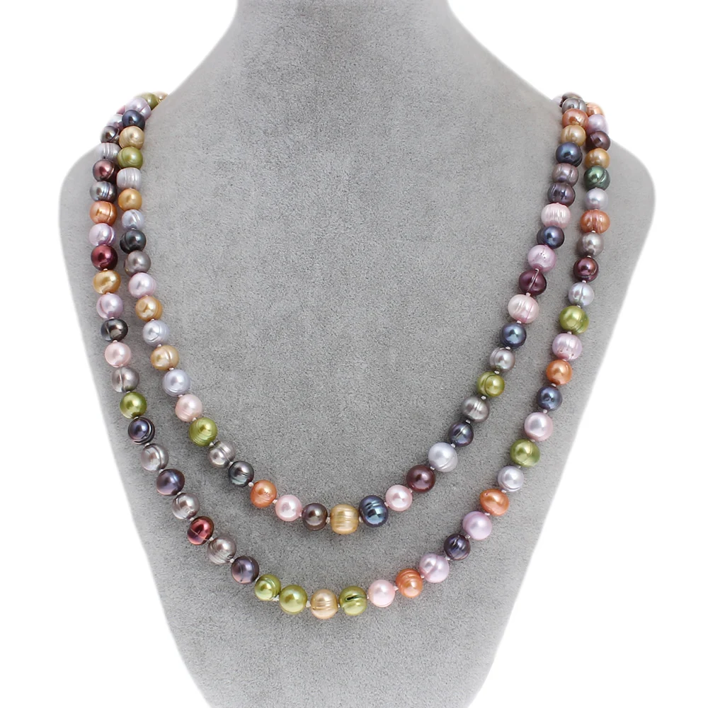 

Natural Freshwater Pearl Long Sweater Beads Strands Necklace Fashion Brand Multi Colored 9-10mm 47" Real Pearl Necklace Womens