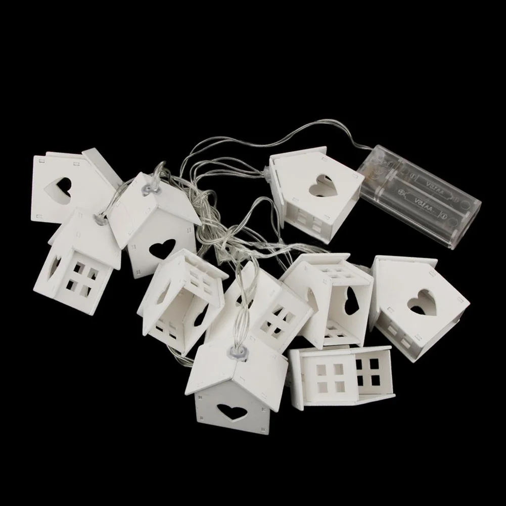 

Christmas String Lingts With Battery Box Wood House Shape Hollow Heart 10 LED Bulbs Light For Wedding Party Decoration DTT88