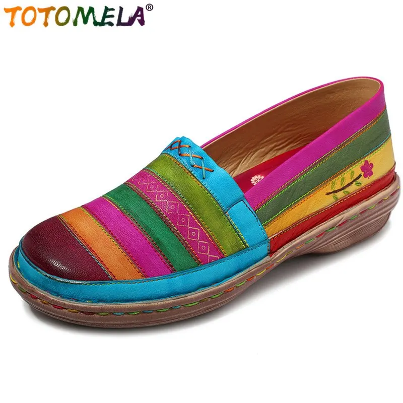 

TOTOMELA 2019 Handmade Cow Genuine Leather shoes mixed color women flats spring summer ladies flat shoes mixed color loafers