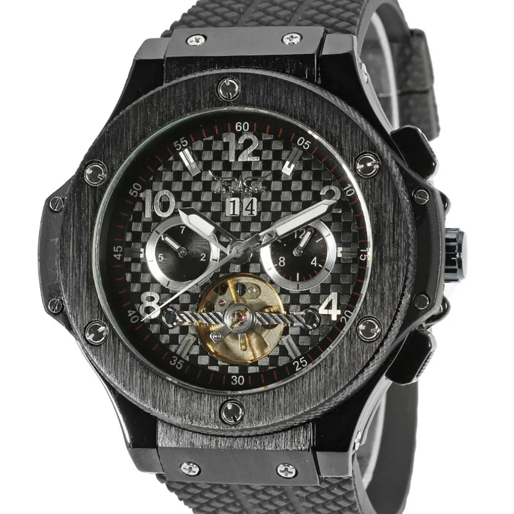 JARAGAR توربيون التلقائي الميكانيكية ووتش ساعة رجالي حزام تقويم نهاية الأسبوع الأزياء ساعة رجالي