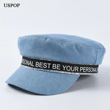 USPOP newsboy кепки для женщин плоский верх деним козырек кепки буквы деним newsboy кепки Модные Военные кепки Восьмиугольные шляпы