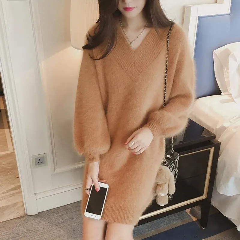 Autumn and winter long haired mink cashmere dress long section of V neck pullover lantern sleeve