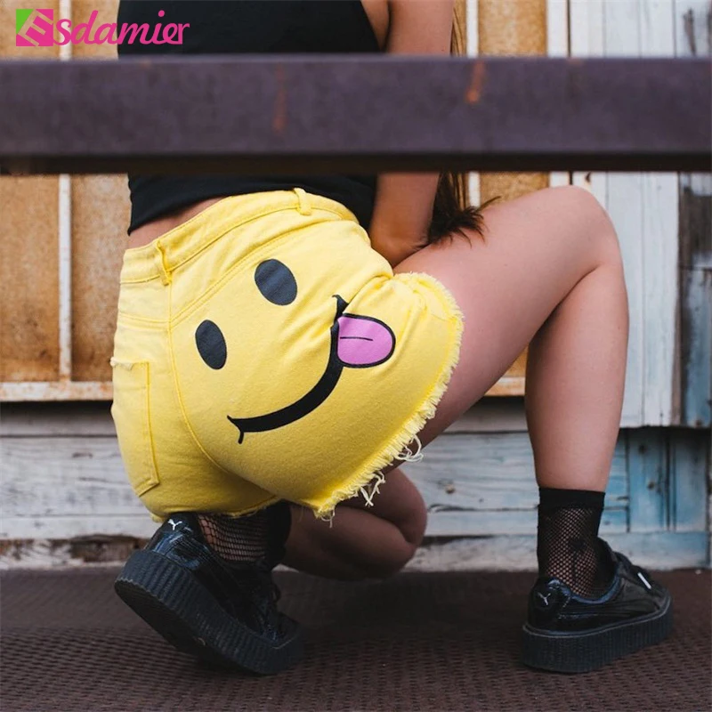 

ESDAMIER Cartoon Printed Summer Shorts 2019 Hot Sale High Waist Ripped Jeans Shorts Streetwear Femme Frayed Tassel Shorts