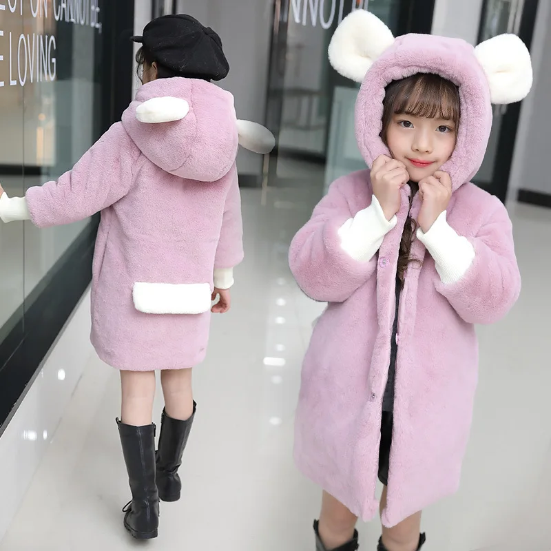 

Kids Coat Faux Fur High Quality Cartoon Hooded Thick Girls Jacket White Pink Princess Spring Winter Overcoat Lovely Outerwear