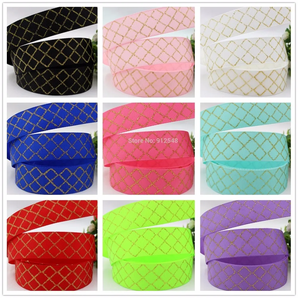 

15121576 , 10 color mix 22MM hot gold lattice Printed grosgrain ribbon 10yards, clothing accessories Headwear Materials
