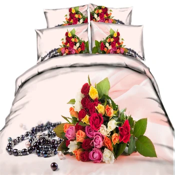 

100% Cotton Printed 3d Colorful Rose Black Pearl Pattern Bedding Set Comforter Shell Cotton Duvet Cover Bedclothes 3/4Pcs