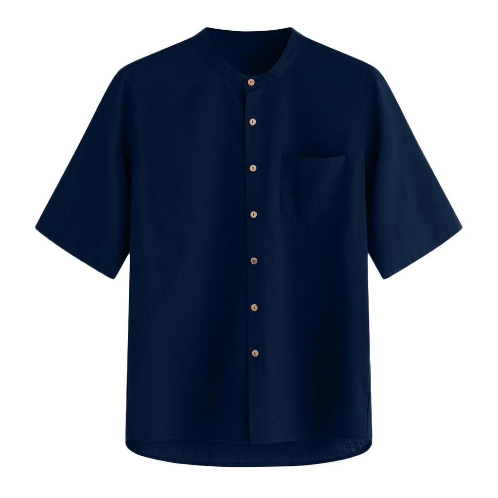 Льняная мужская летняя рубашка с коротким рукавом и карманом в китайском стиле, модная дизайнерская мужская рубашка высокого качества d90622 - Цвет: Тёмно-синий