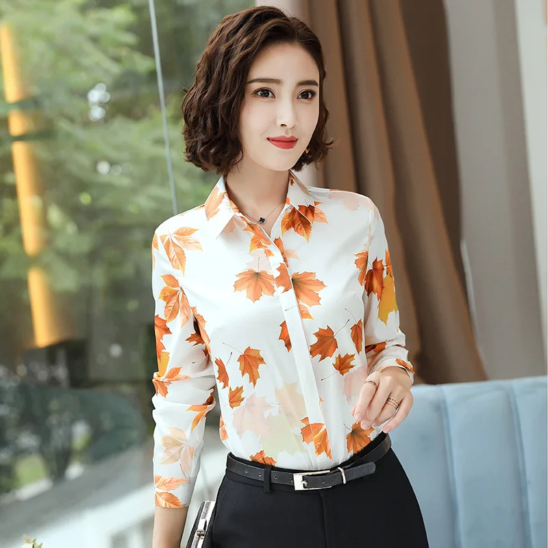 

Printed Shirt 2019 New Autumn Women's Korean Version of The Literary Fan Temperament Fashion Slim Color Satin Shirt Women