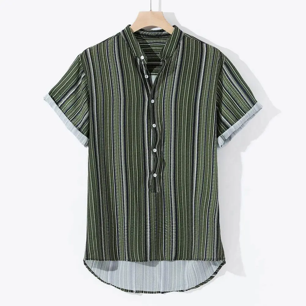 Camicia Uomo, Летняя мужская рубашка, блуза на пуговицах, короткий рукав, стоячий воротник, в полоску, модная, повседневная, облегающая, рубашки для мужчин, Chemise Homme