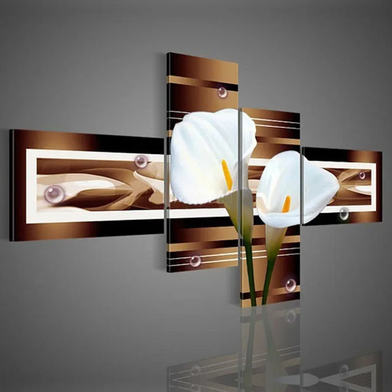 hand-painted-wall-art-black-Pure-white-lilies-home-decoration-Landscape-oil-painting-on-canvas-4pcs