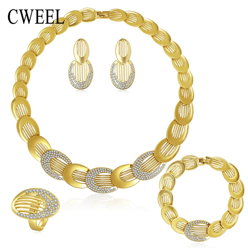 

CWEEL Jewelry Sets For Women Gold Color Wedding Party Bridal Accessories Necklace Set Fashion Imitation Crystal Pendant Costume